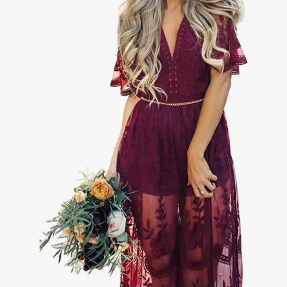 Red lace boho dress with v-neck
